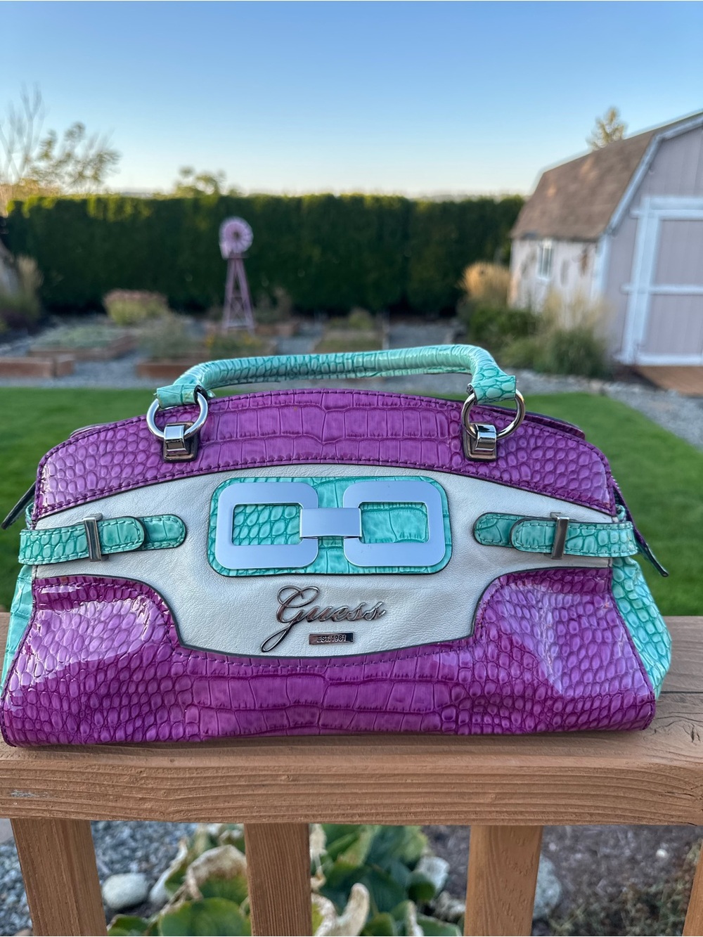 GUESS Purple, Turquoise and White Croc-Embossed Satchel